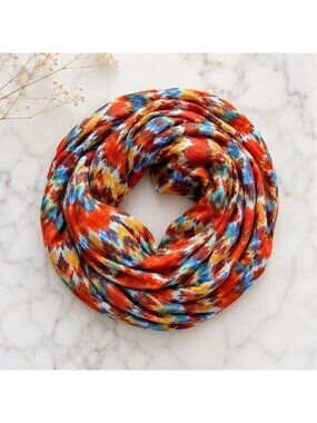Penelope Ann Ikat Scarf Red Multicolor Fringe Boho Wrap Shawl Colorful Layering